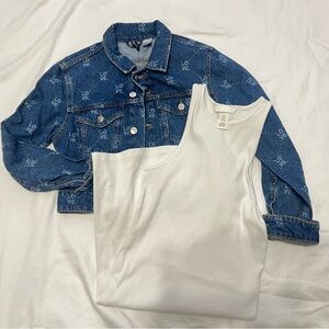 H&M Denim Jacket with Love Print and White fitted dress in size small